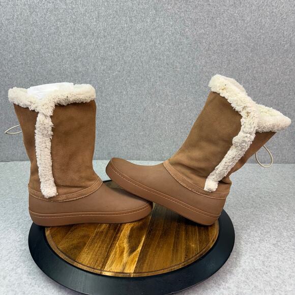 Crocs Modessa Winter Tall Boot Women’s 8 Faux Suede Brown Button Comfort Shoes - Picture 5 of 7